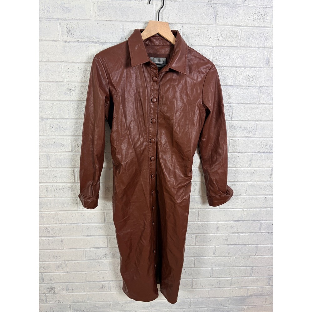 Anthropologie Faux Leather Midi Shirt Dress Womens S Brown Button Front Ruched